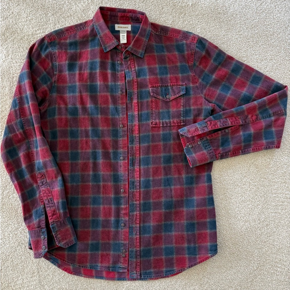 Diesel Red and Blue Plaid Button-Down Shirt